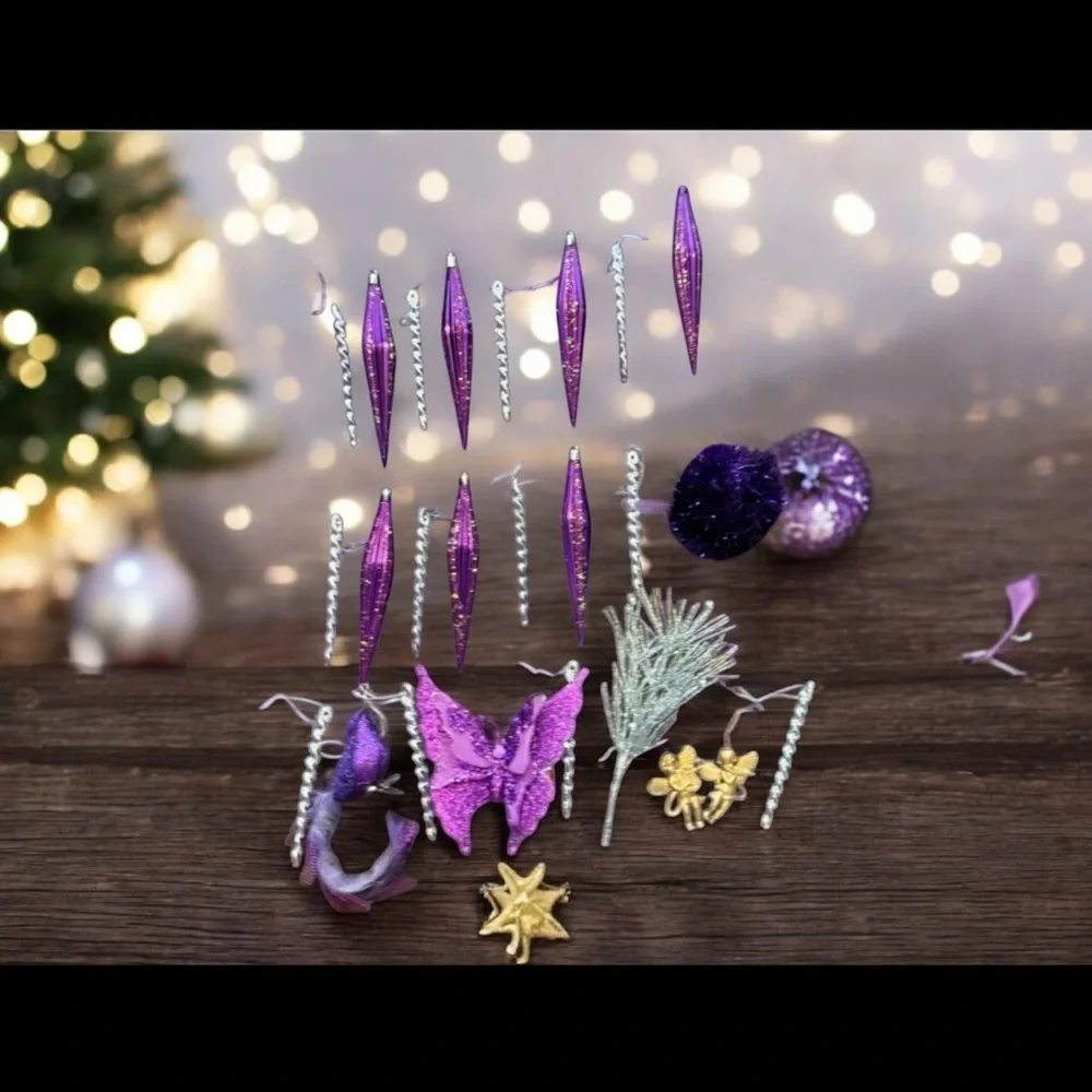 Lot Of 25 Plastic Christmas Tree Ornaments Silver Gold Purple Bird Butterfly